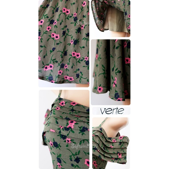 Last☝️Olive Floral Pleated Off Shoulder Cute Dress - Picture 5 of 7